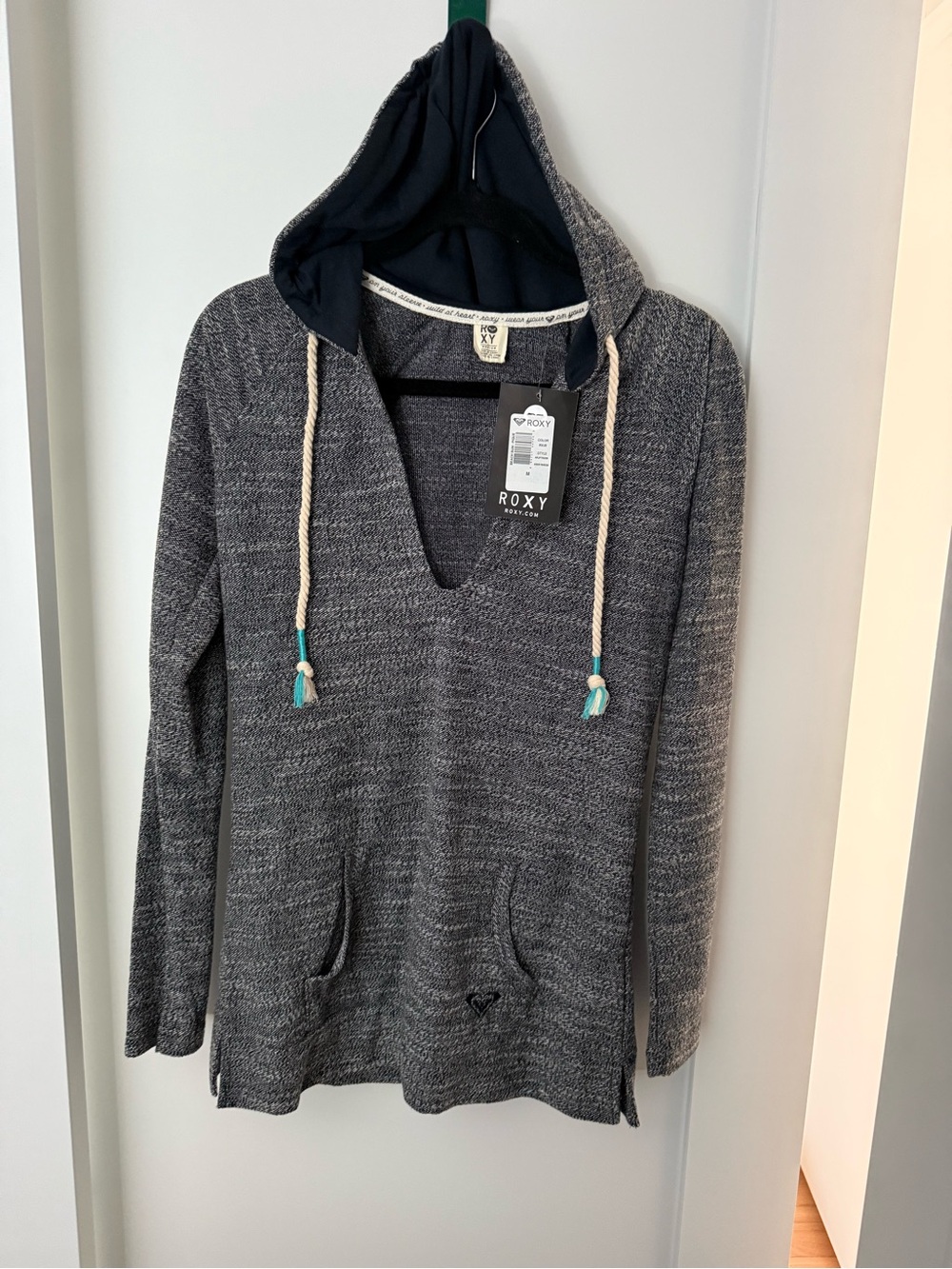 Roxy Charcoal Knit Hooded Pullover with Navy Lining